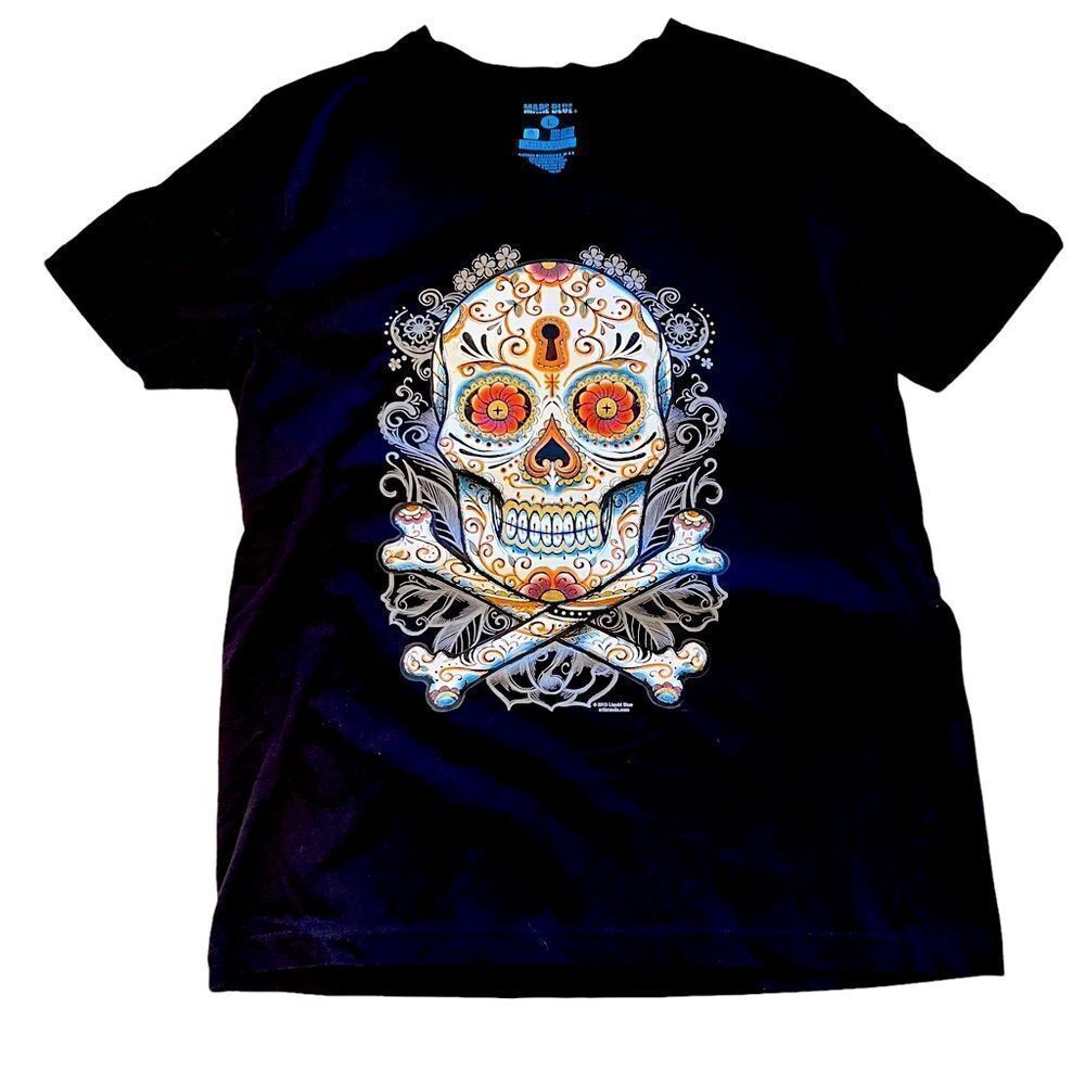MARE BLUE DAY OF THE DEAD DESIGN SKULL TEE MENS LARGE WOMENS XL PLAYA DE…